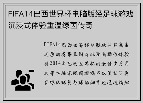FIFA14巴西世界杯电脑版经足球游戏沉浸式体验重温绿茵传奇